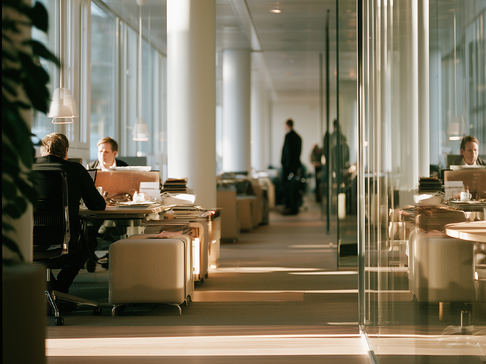 Rådgivere i arbeid i et solfylt kontorlandskap